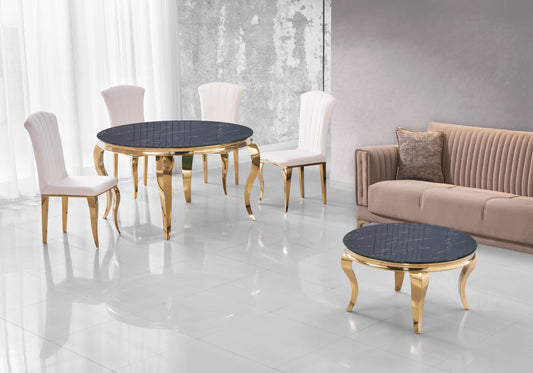 Table ronde marbre noir et chaises écru dorée – NEO