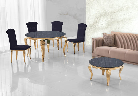 Salle à manger ronde marbre noir pieds dorés chaises noir – NEO