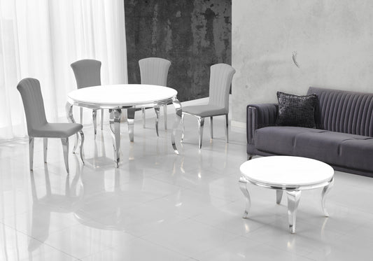Table ronde verre blanc et chaises ardoise argentés – NEO