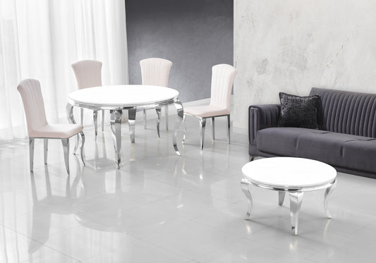 Table ronde verre blanc et chaises écru argentés – NEO
