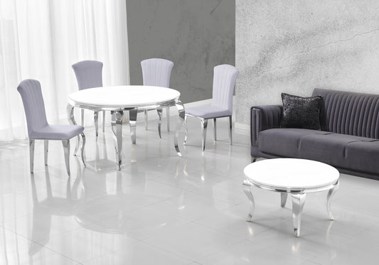 Table ronde verre blanc et chaises gris argentés – NEO
