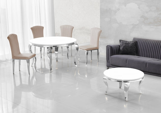 Table ronde verre blanc et chaises taupe argentés – NEO