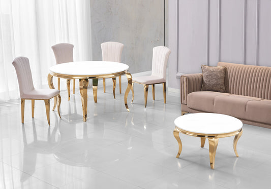 Table ronde verre blanc et chaises beige dorée – NEO