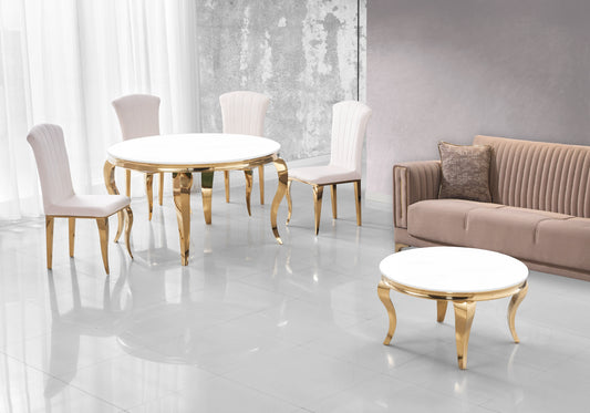 Table ronde verre blanc et chaises écru dorée – NEO