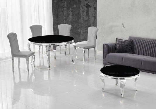 Table ronde verre noir et chaises ardoise argentés – NEO
