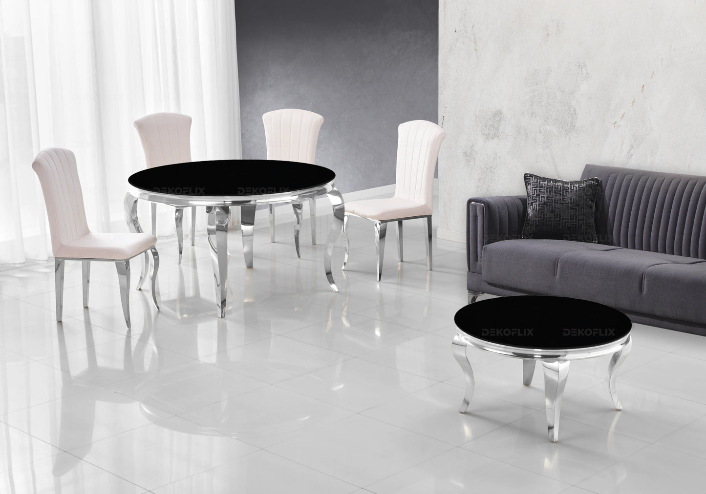 Salle à manger ronde verre noir pieds argentés chaises écru – NEO