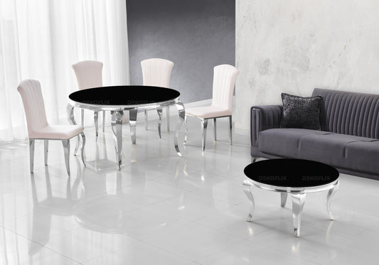 Salle à manger ronde verre noir pieds argentés chaises écru – NEO
