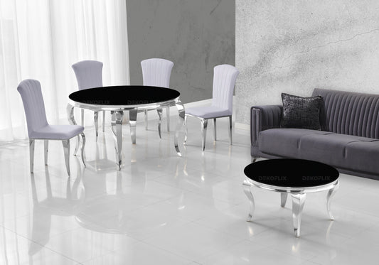 Table ronde verre noir et chaises gris argentés – NEO