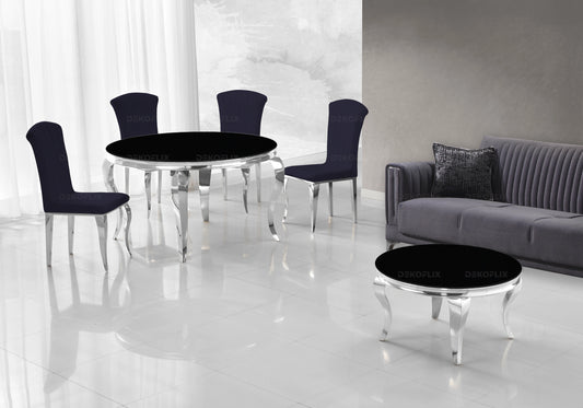 Table ronde verre noir et chaises noir argentés – NEO
