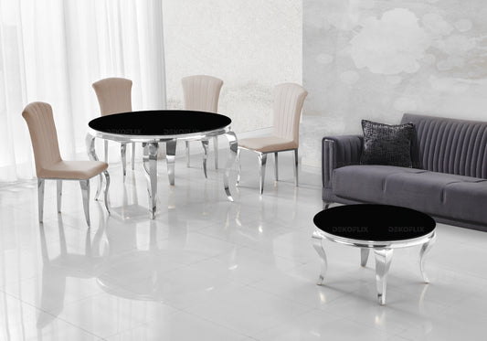 Table ronde verre noir et chaises taupe argentés – NEO
