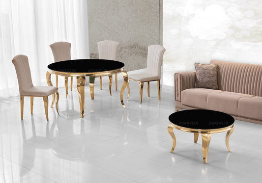 Salle à manger ronde verre noir pieds dorés chaises taupe – NEO