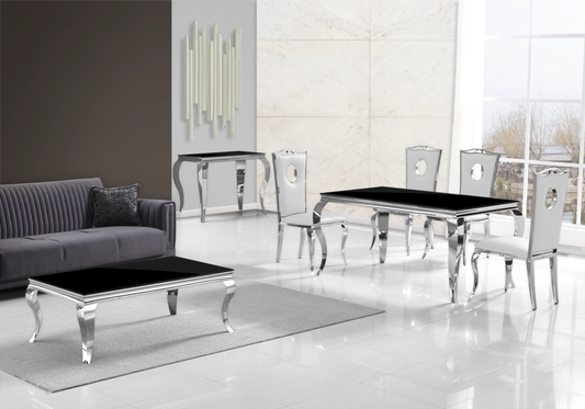 Salle à manger verre noir chaises simili-cuir blanc argent – NEO
