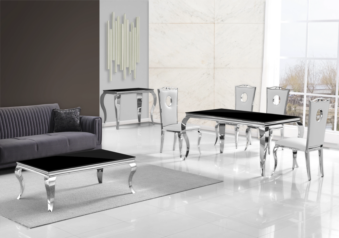 Meuble TV verre noir pied argent – NEO