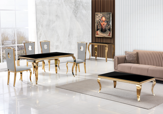 Salle à manger verre noir chaises velours gris doré - NEO