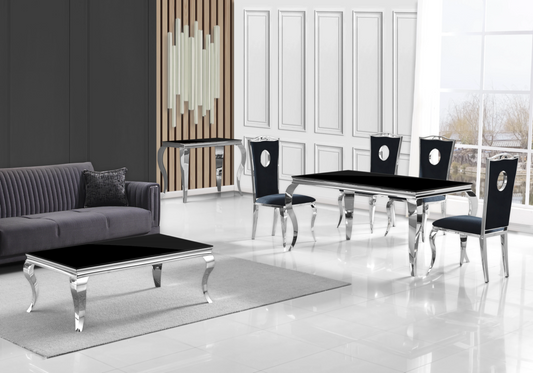 Table verre noir et chaises velours noir argent – NEO