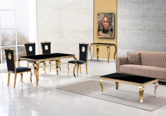 Salle à manger verre noir chaises velours noir doré - NEO