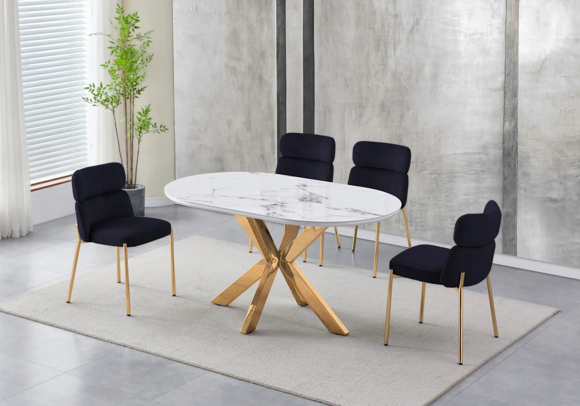 Table Marbre Blanc et Chaises Noires Dorés – NORA DEKOFLIX