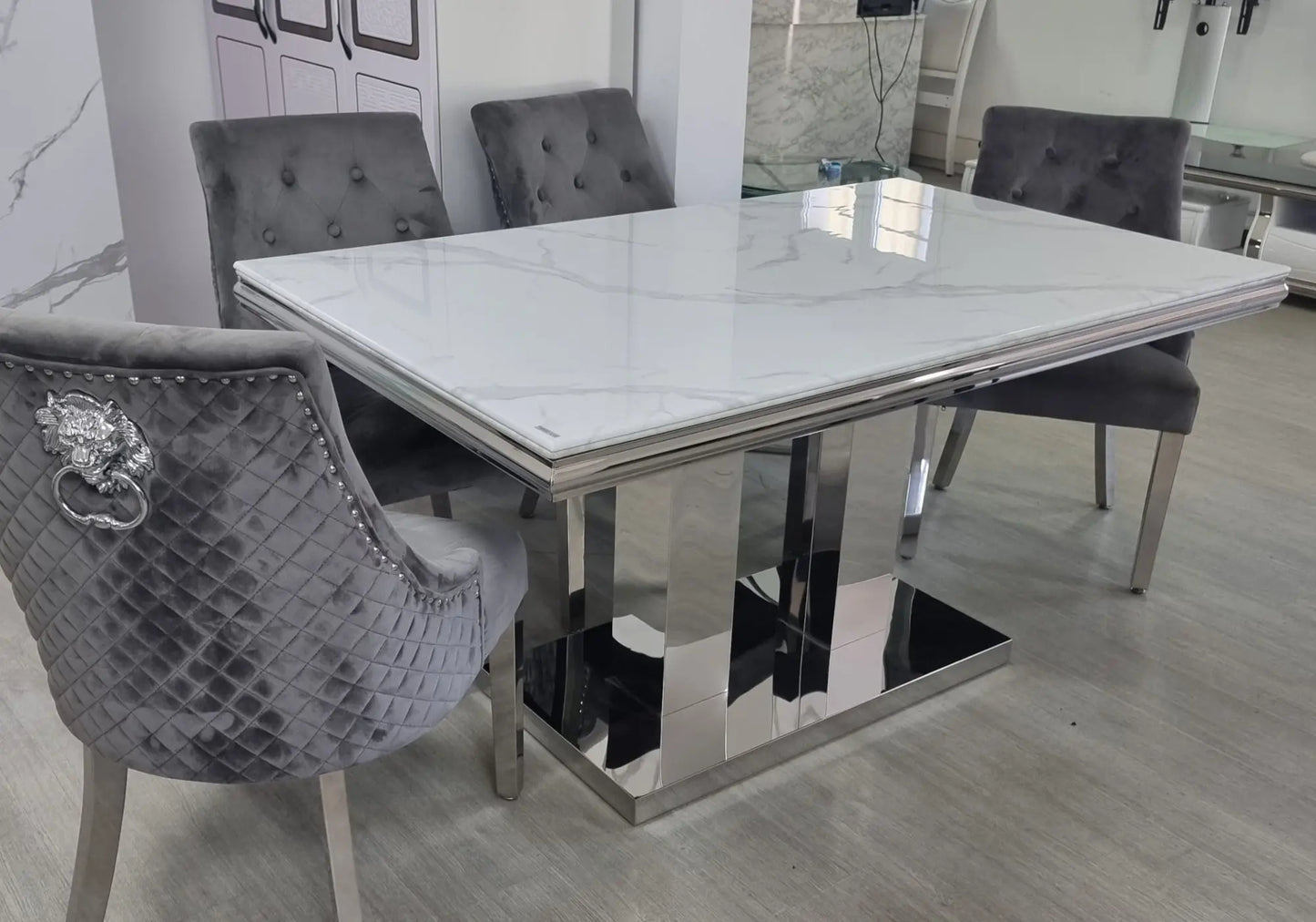 Table à manger chromé marbre blanc VERSUS New Design