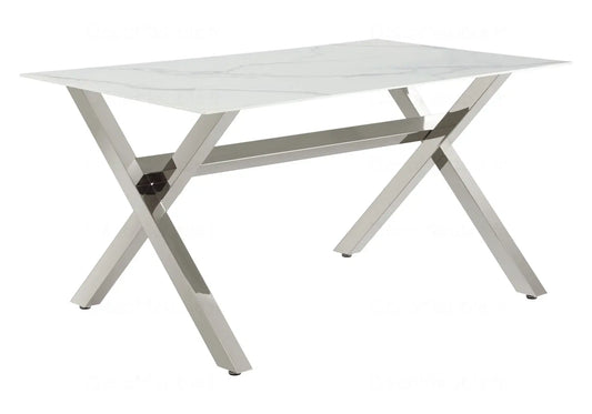 Table à manger marbre blanc pied argent CROSS New Design