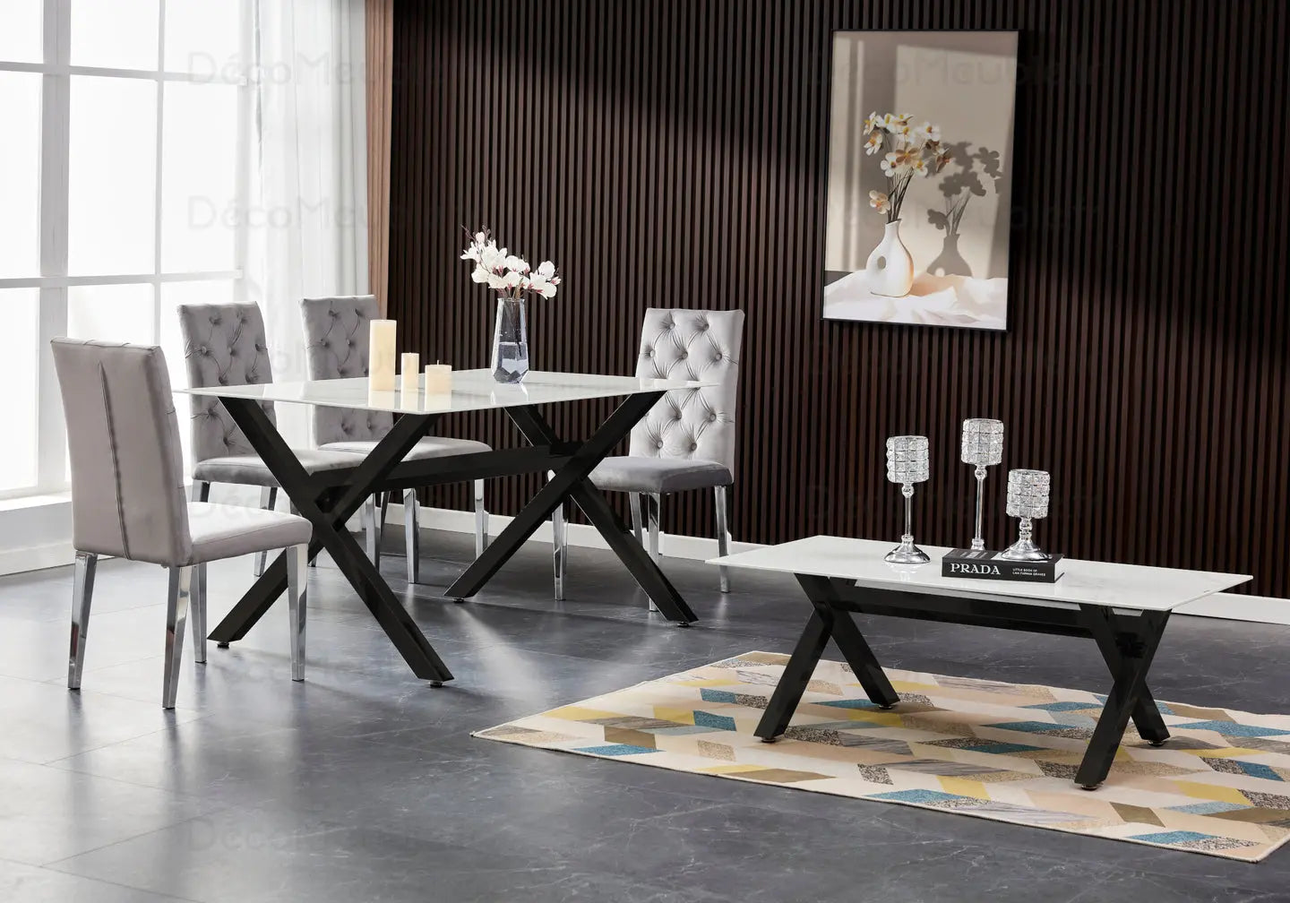 Table à manger marbre blanc pied noir CROSS New Design