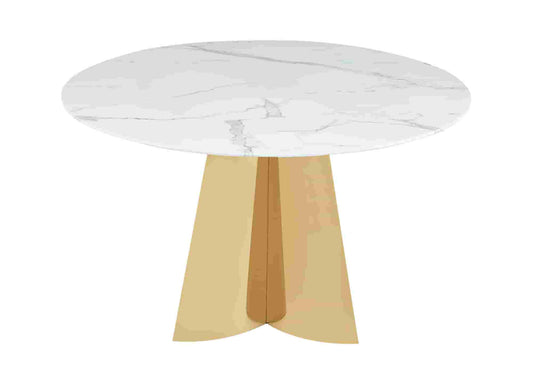 Table à manger ronde dorée marbre blanc AXEL - DEKOFLIX