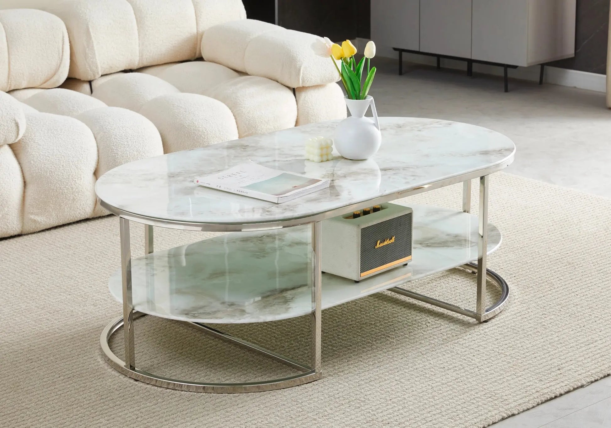 Table basse argent marbre beige LONA - DEKOFLIX