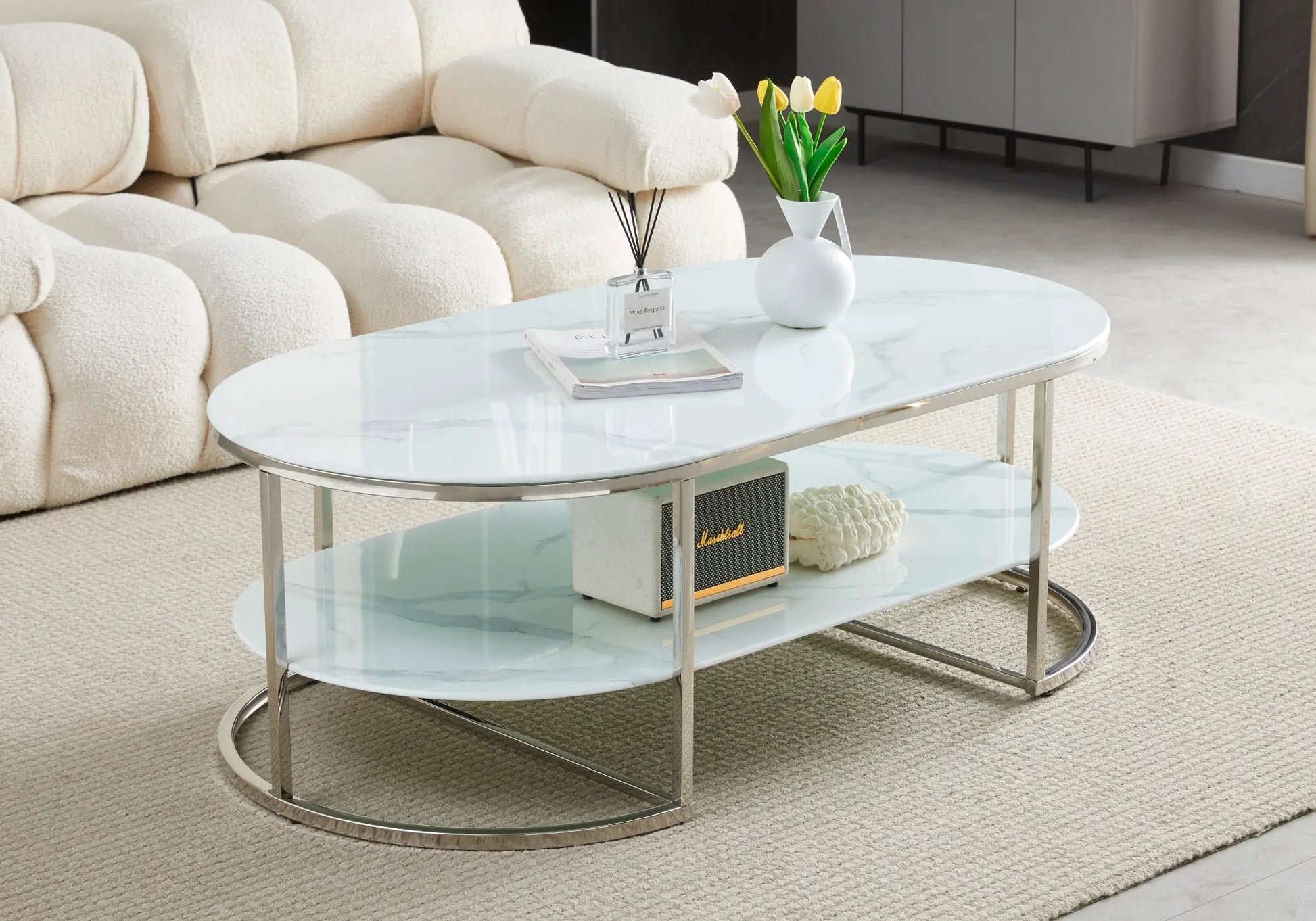 Table basse argent marbre beige LONA New Design