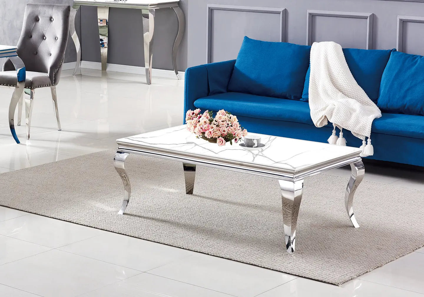 Table basse argentée marbre blanc NEO New Design