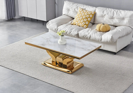 Table basse marbre beige pieds métal doré NEA New Design