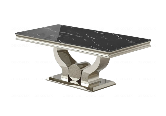 Salle à manger marbre noir argent avec chaises beige NEA New Design