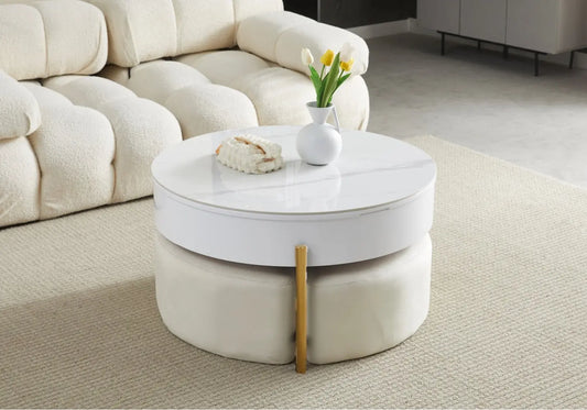 Table basse pouf dorée céramique marbre blanc VÉGA New Design