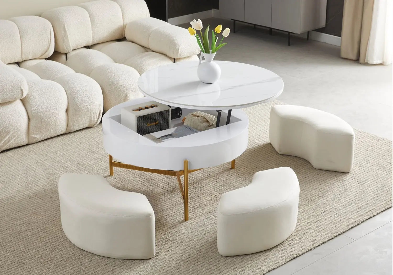 Table basse pouf dorée céramique marbre blanc VÉGA New Design