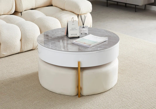 Table basse pouf dorée céramique marbre gris VÉGA New Design
