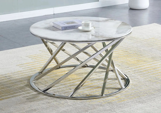 Table basse ronde argent marbre beige ELGA - DEKOFLIX