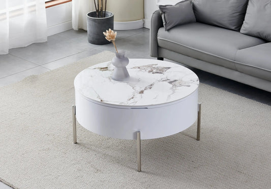 Table basse ronde chromée céramique marbre beige VEGA New Design