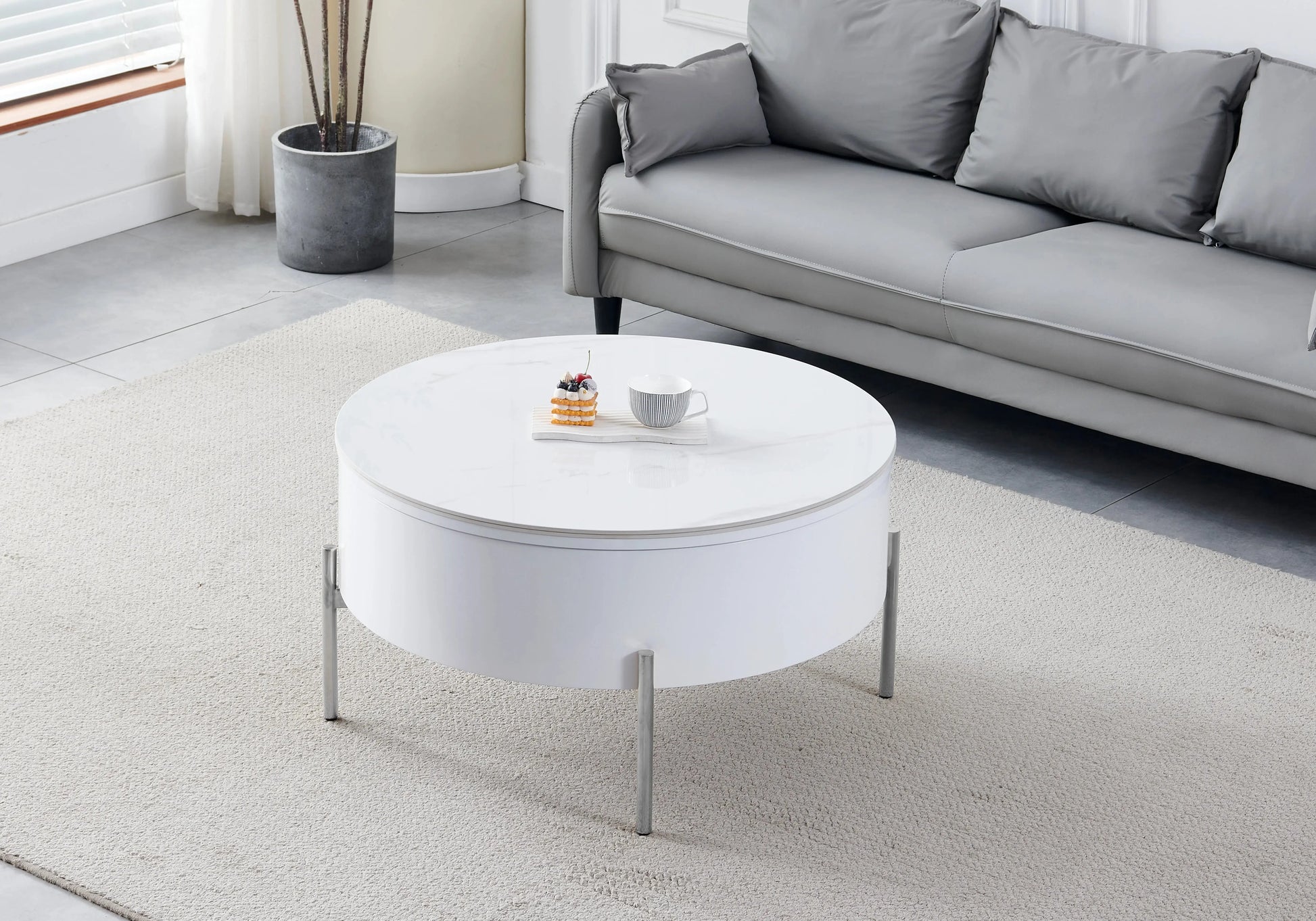 Table basse ronde chromée céramique marbre blanc VEGA New Design