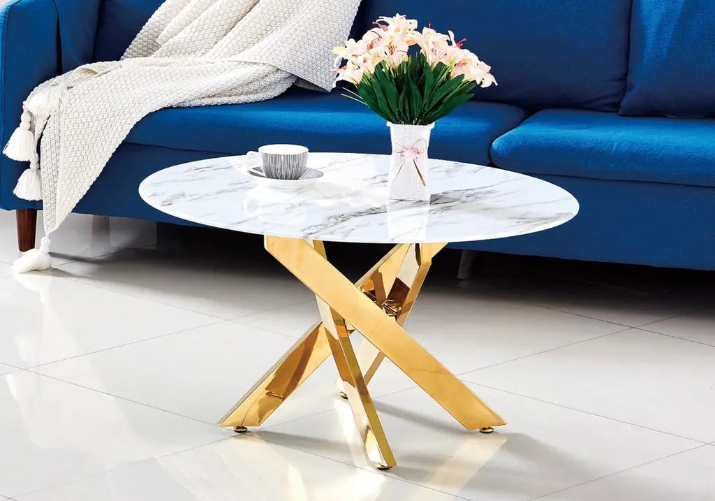 Table basse ronde dorée marbre blanc JOY New Design