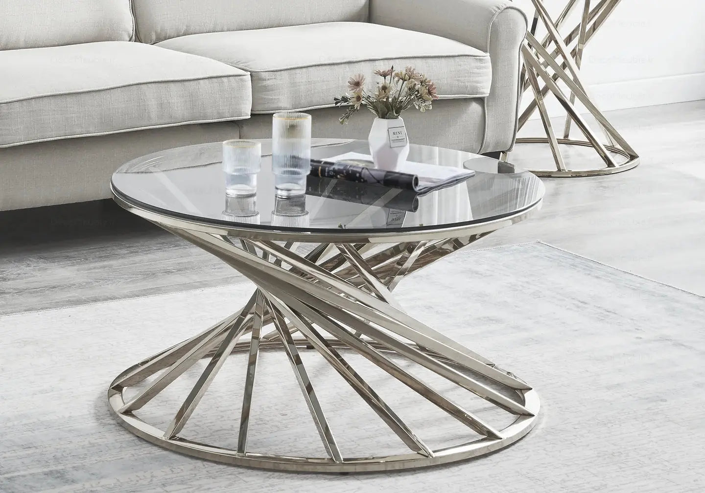 Table basse ronde en verre argent RUBY New Design