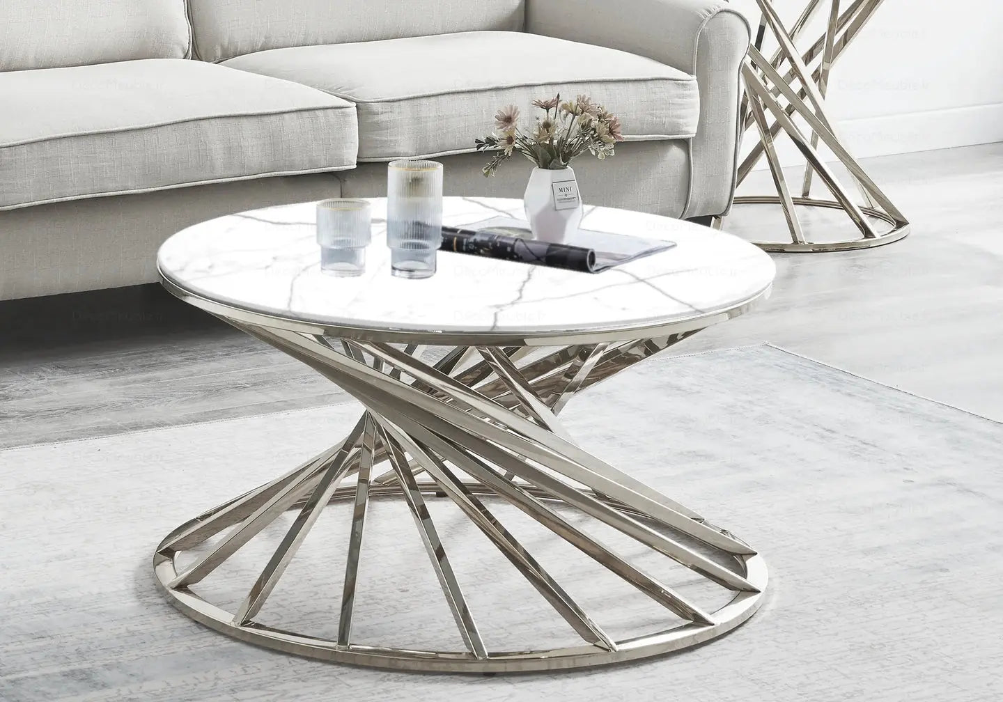 Table basse ronde marbre blanc argent RUBY New Design