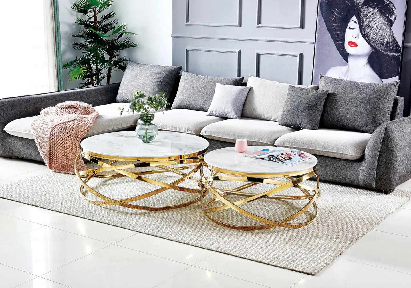 Table basse ronde marbre blanc doré EVO New Design