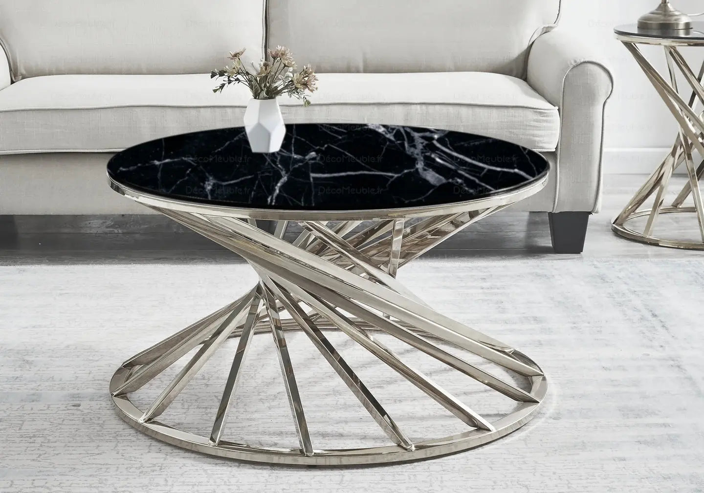 Table basse ronde marbre noir argent RUBY New Design