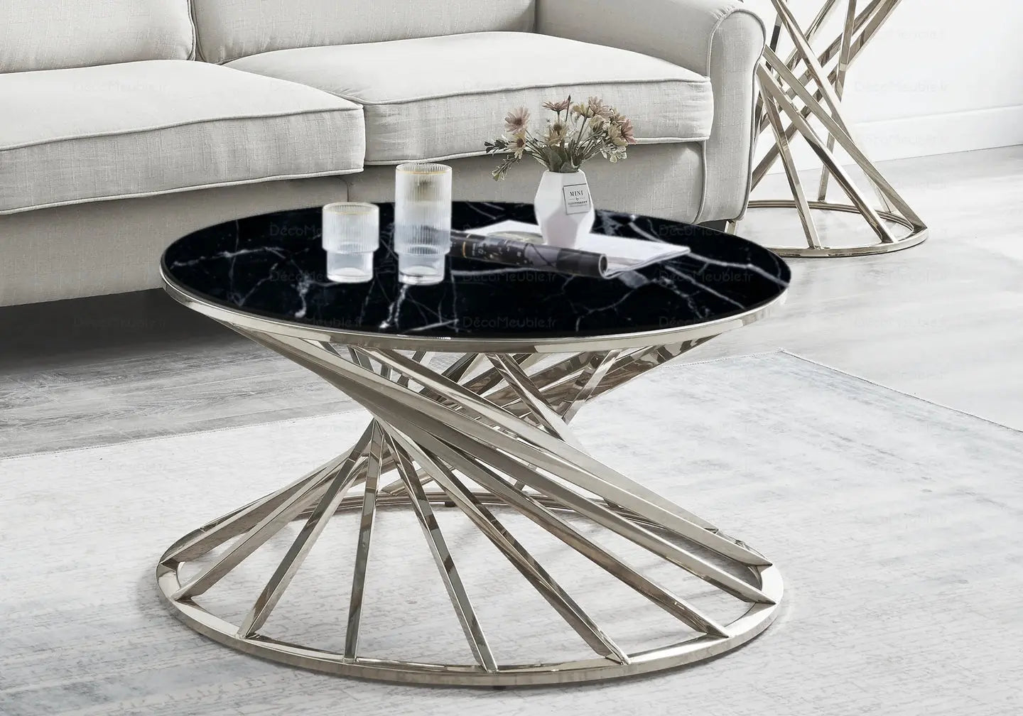 Table basse ronde marbre noir argent RUBY New Design