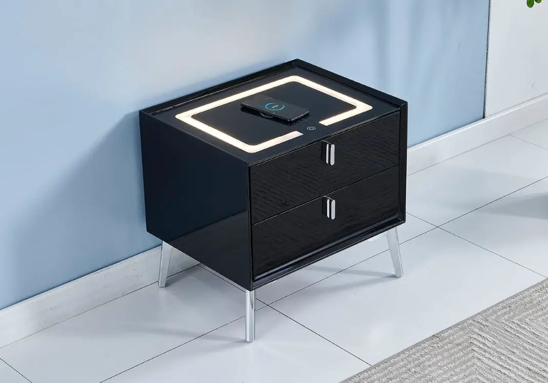 Table chevet led chargeur noir argent LENI New Design