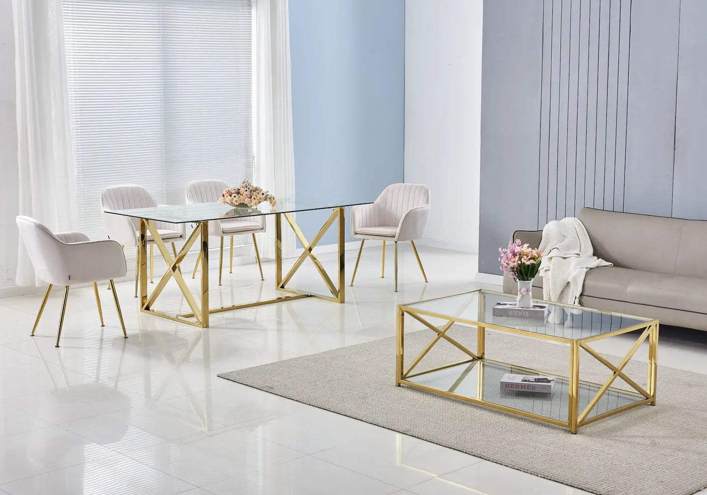 Table en verre et chaises beiges AVAS New Design