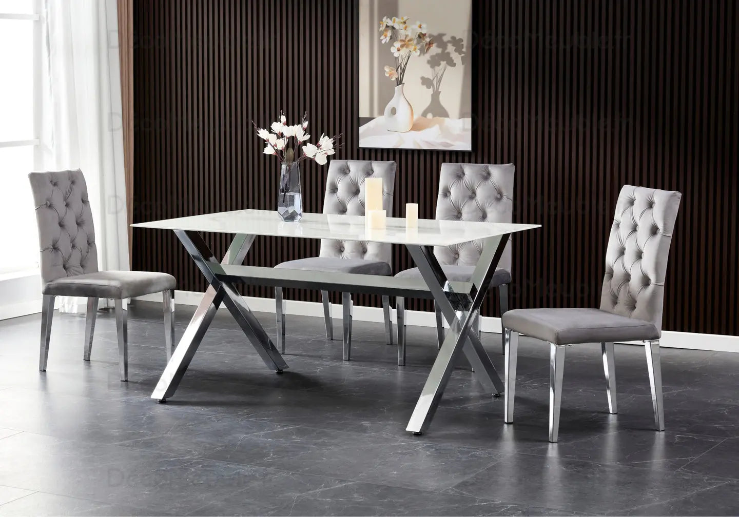 Table et chaises marbre blanc argent CROSS New Design