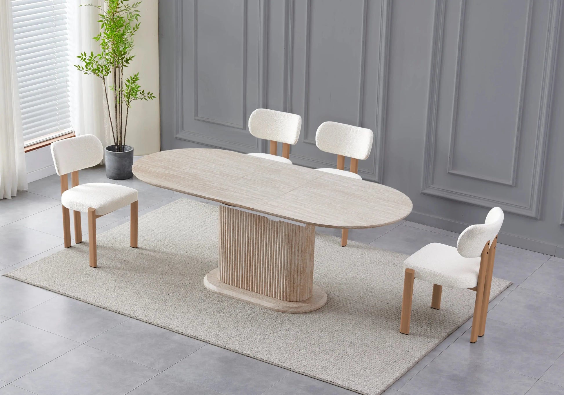 Table extensible travertin et chaises beiges pieds bois – INAYA Galerie du Mobilier