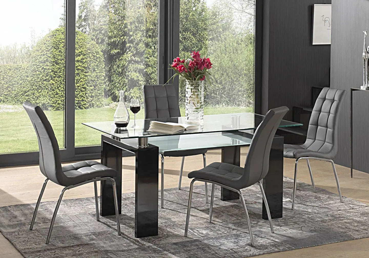 Table laqué noir 6 chaises gris TOE New Design