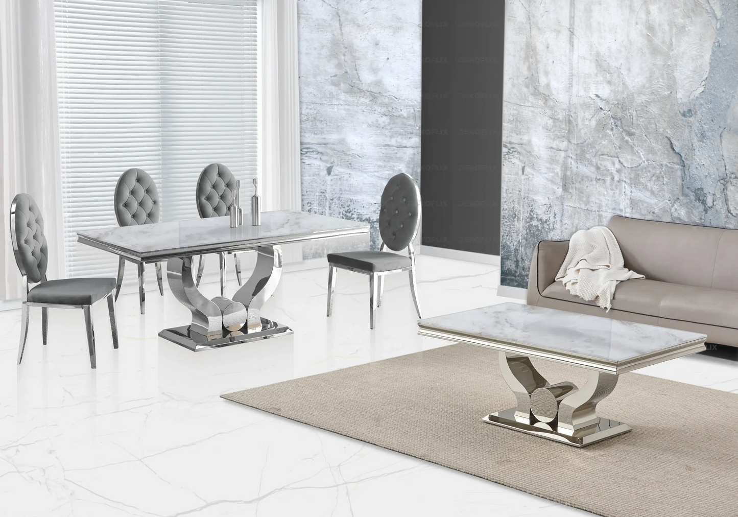 Table marbre beige et chaises capitonnées gris argent NEA New Design