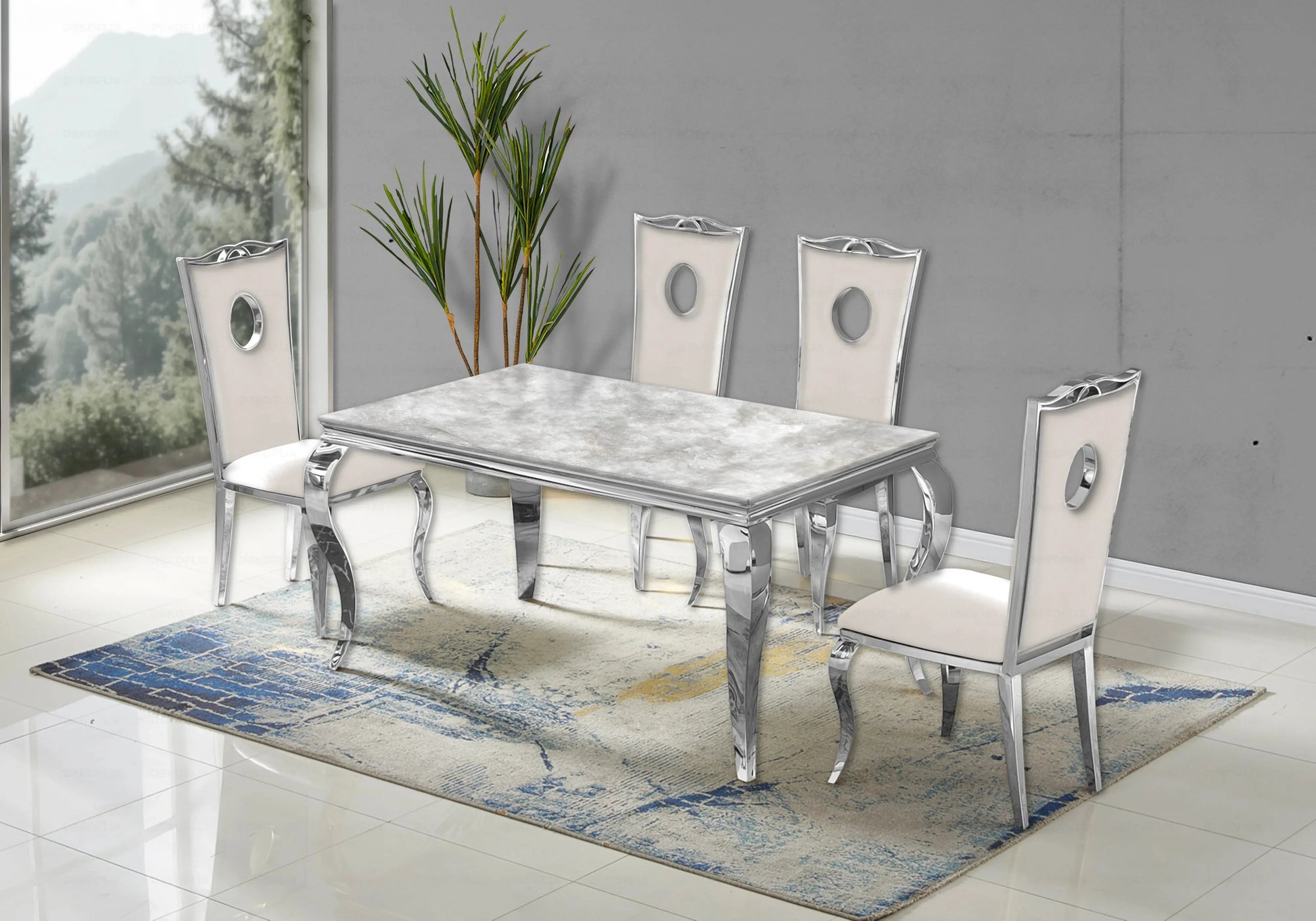 Table marbre beige et chaises velours beige argent – NEO New Design