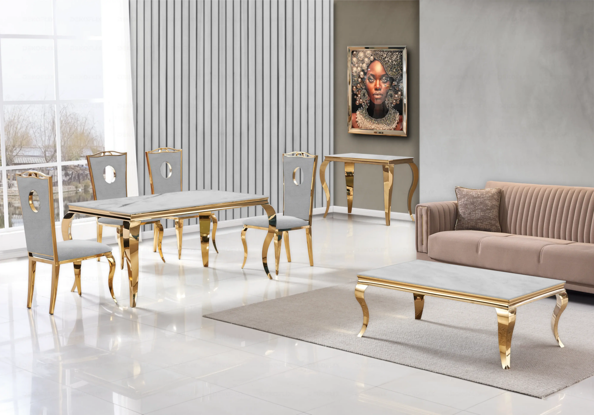 Table marbre beige et chaises velours gris doré – NEO New Design